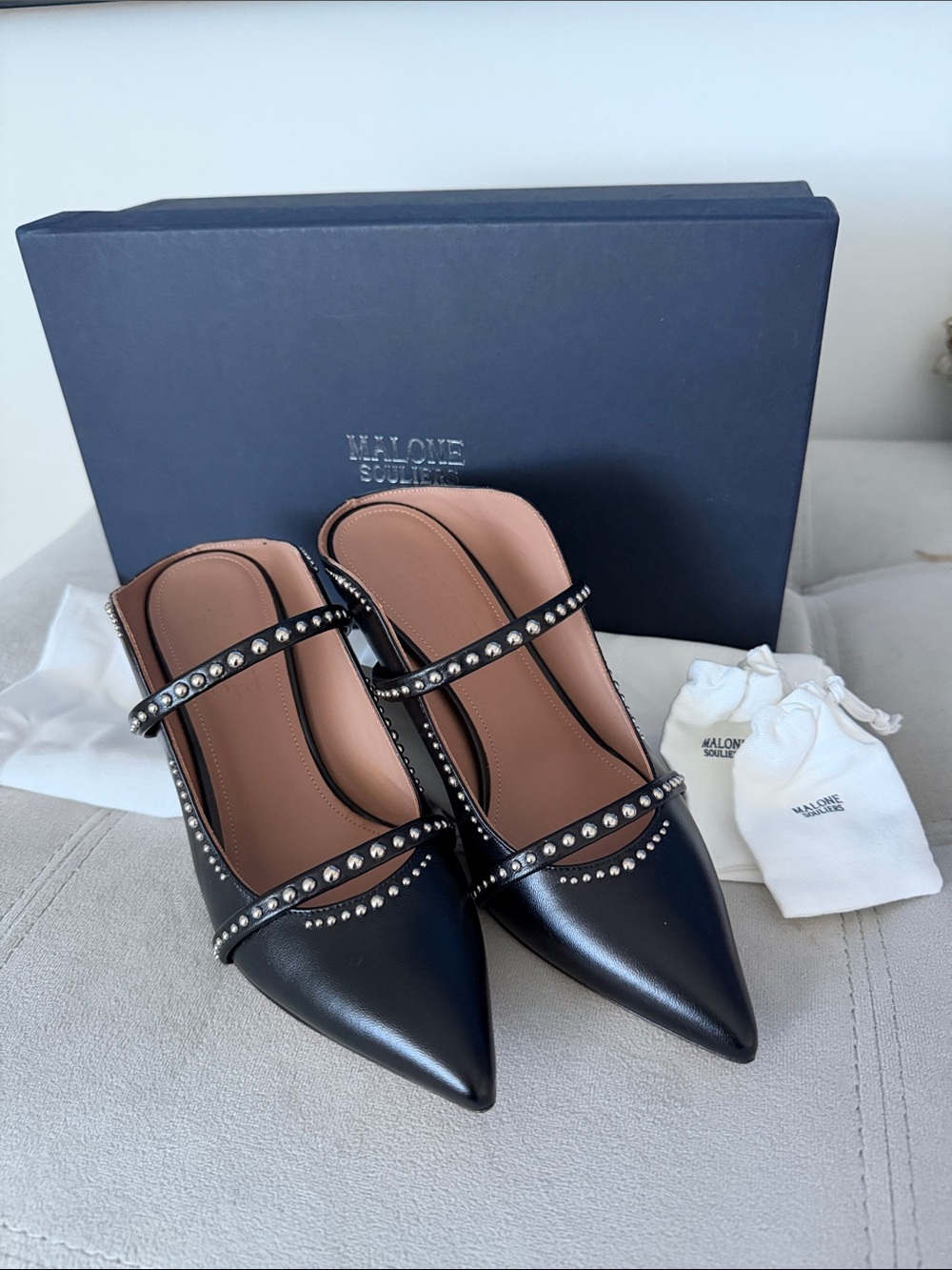 Malone Souliers Maureen Black Leather Studded Pointed Mules